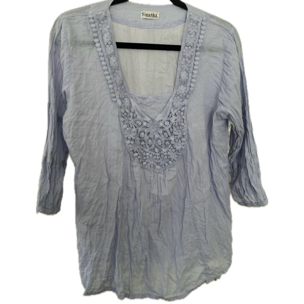 Siganka Maui Hawaii 100% Cotton Periwinkle Embroidered Eyelet Lace Sheer Tunic S